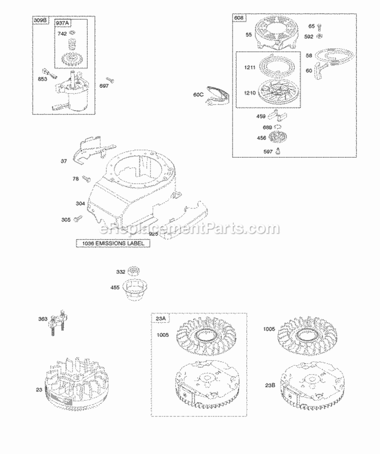Blower Housing Electric Starter Flywheel Rewind Starter Diagram and Parts List for  Briggs and Stratton Engine